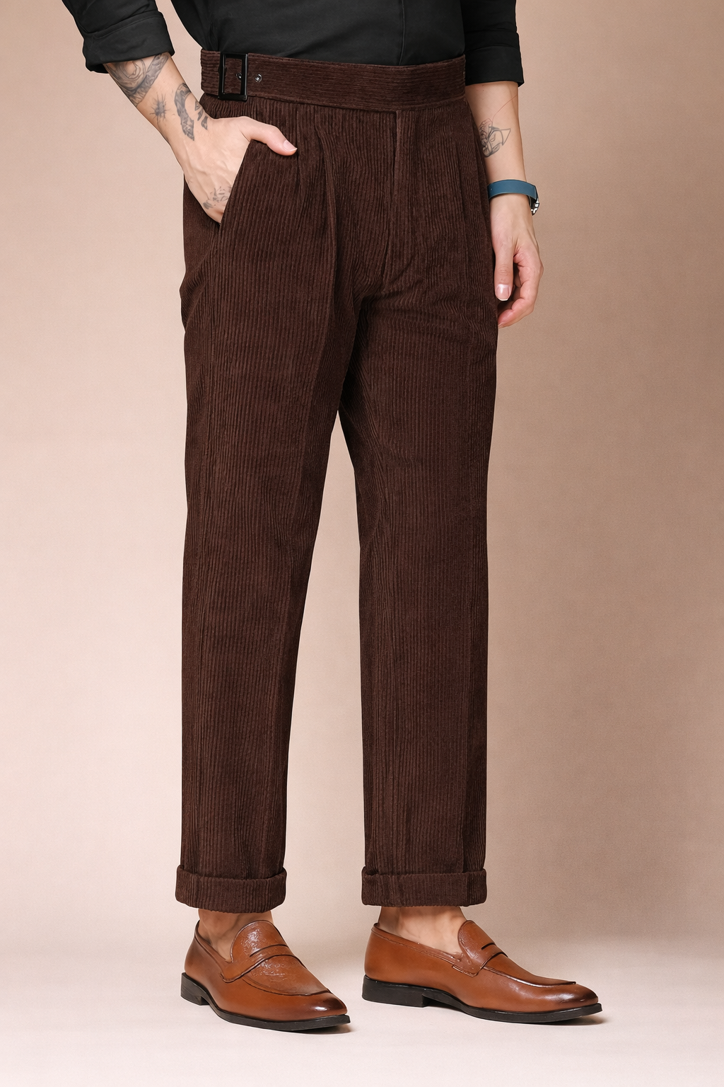 Brown Corduroy Classic Buckle Gurkha Pants | Boot Cut Fit by ITALIAN VEGA®