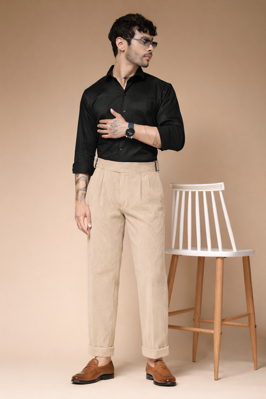 Beige Corduroy Classic Buckle Gurkha Pants | Boot Cut Fit by ITALIAN VEGA®