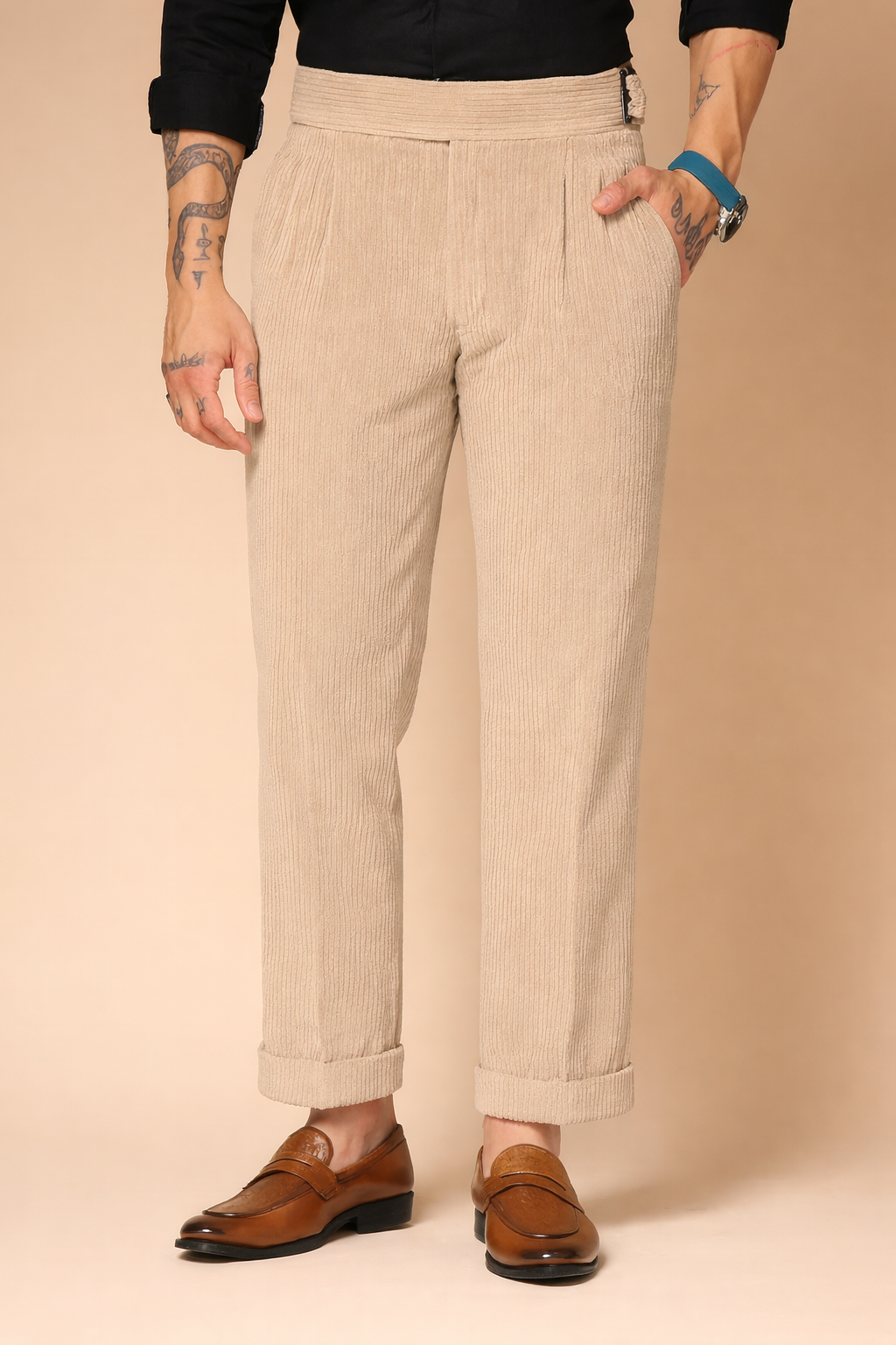 Beige Corduroy Classic Buckle Gurkha Pants | Boot Cut Fit by ITALIAN VEGA®