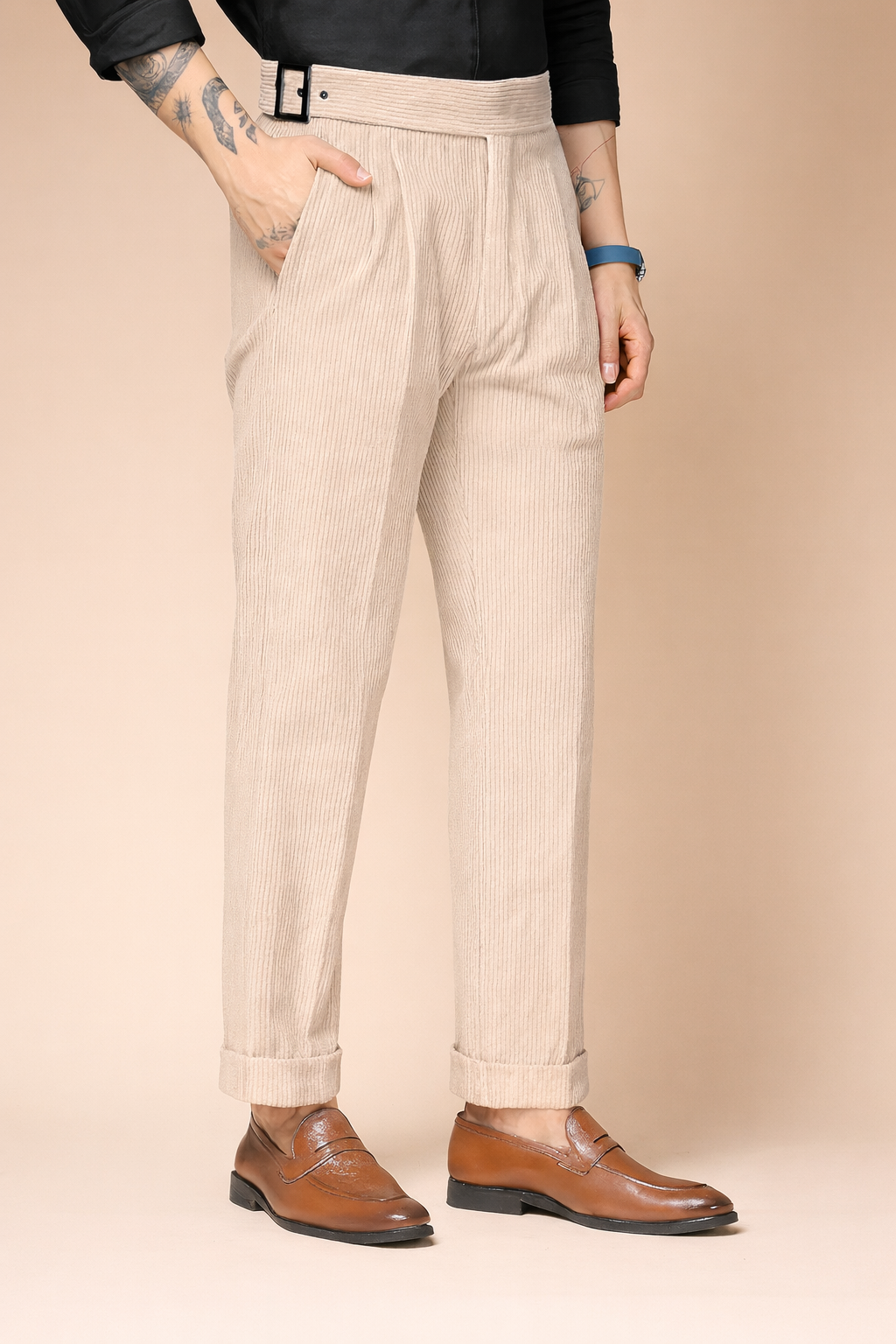Beige Corduroy Classic Buckle Gurkha Pants | Boot Cut Fit by ITALIAN VEGA®