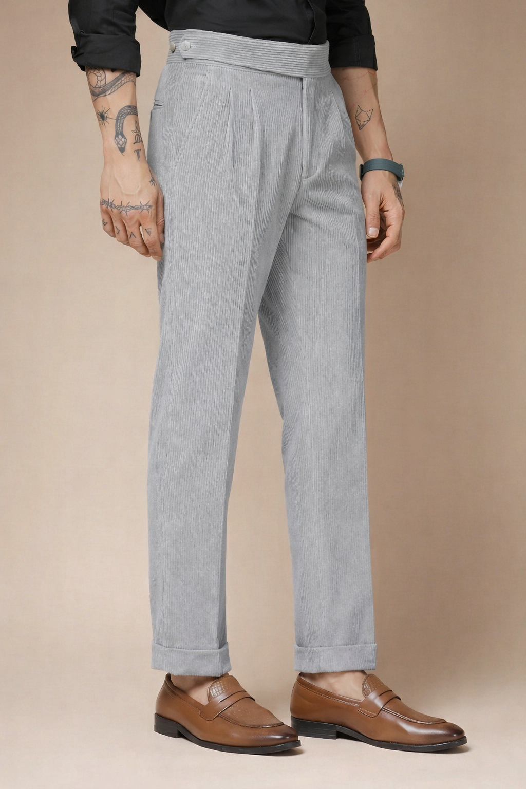 Light Grey Corduroy Classic Button Gurkha Pants | Boot Cut Fit by ITALIAN VEGA®