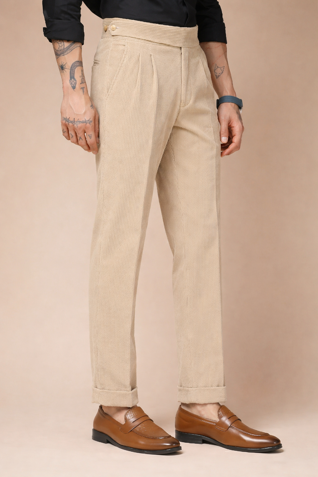 Beige Corduroy Classic Button Gurkha Pants | Boot Cut Fit by ITALIAN VEGA®