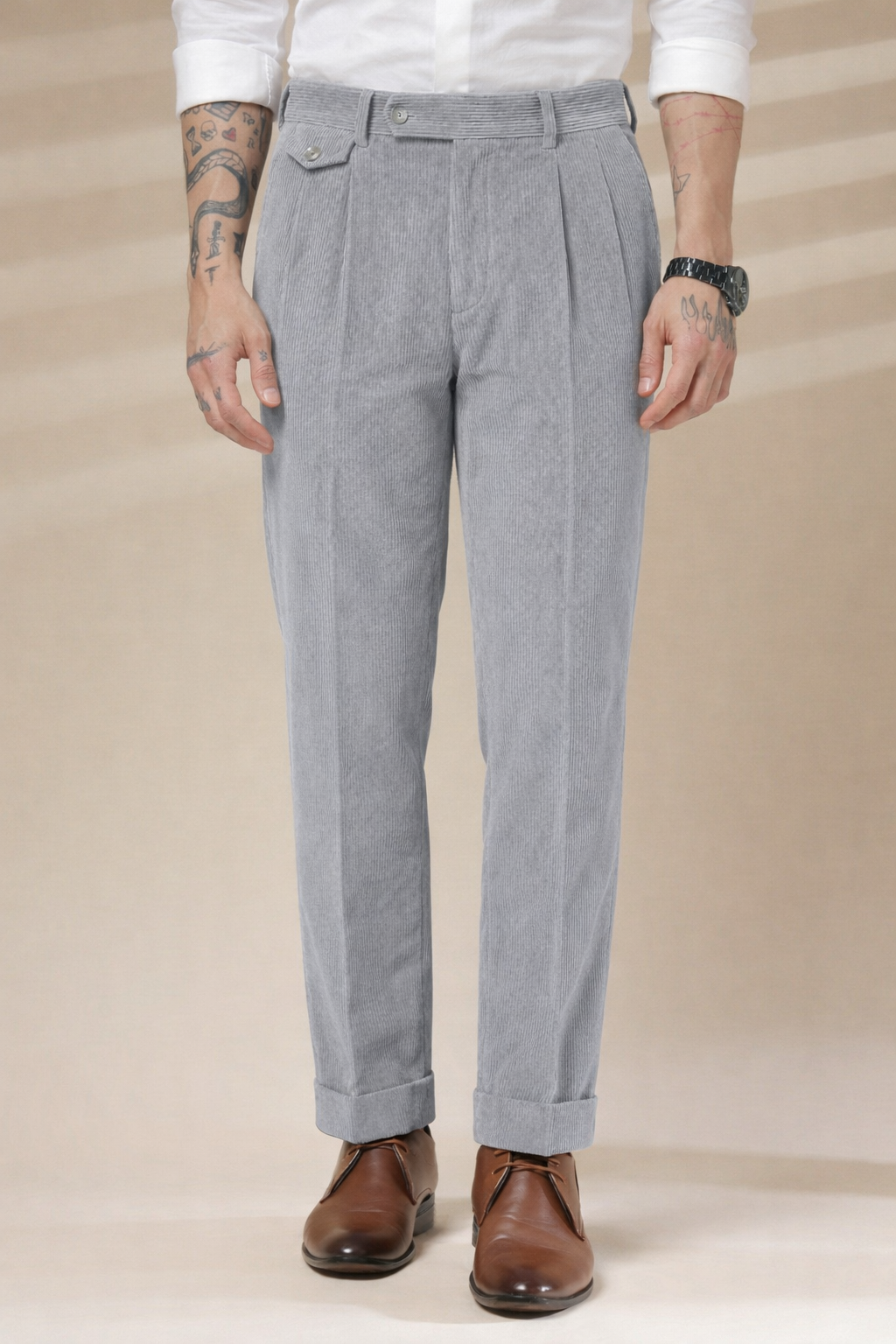 Light Grey Corduroy Signature Flap Gurkha Pants | Boot Cut Fit by ITALIAN VEGA®