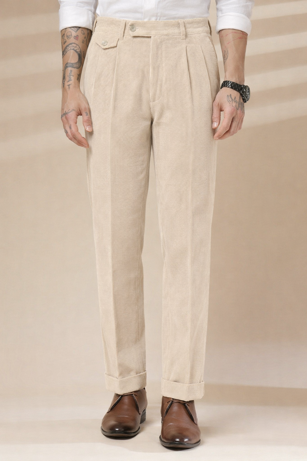 Beige Corduroy Signature Flap Gurkha Pants | Boot Cut Fit by ITALIAN VEGA®