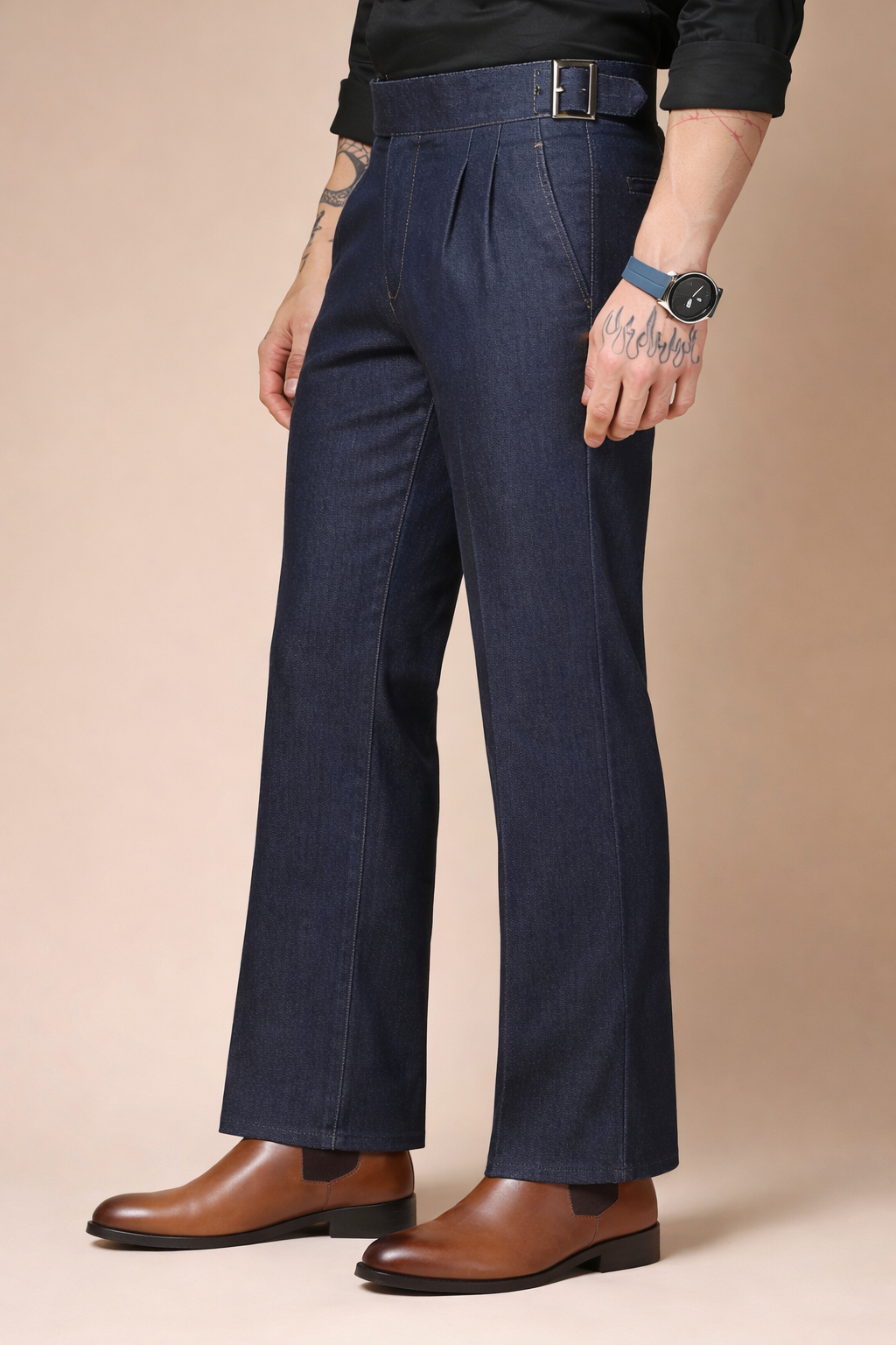 Blue Denim Classic Buckle Gurkha Trouser Pants | Boot Cut Fit by Italian Vega®