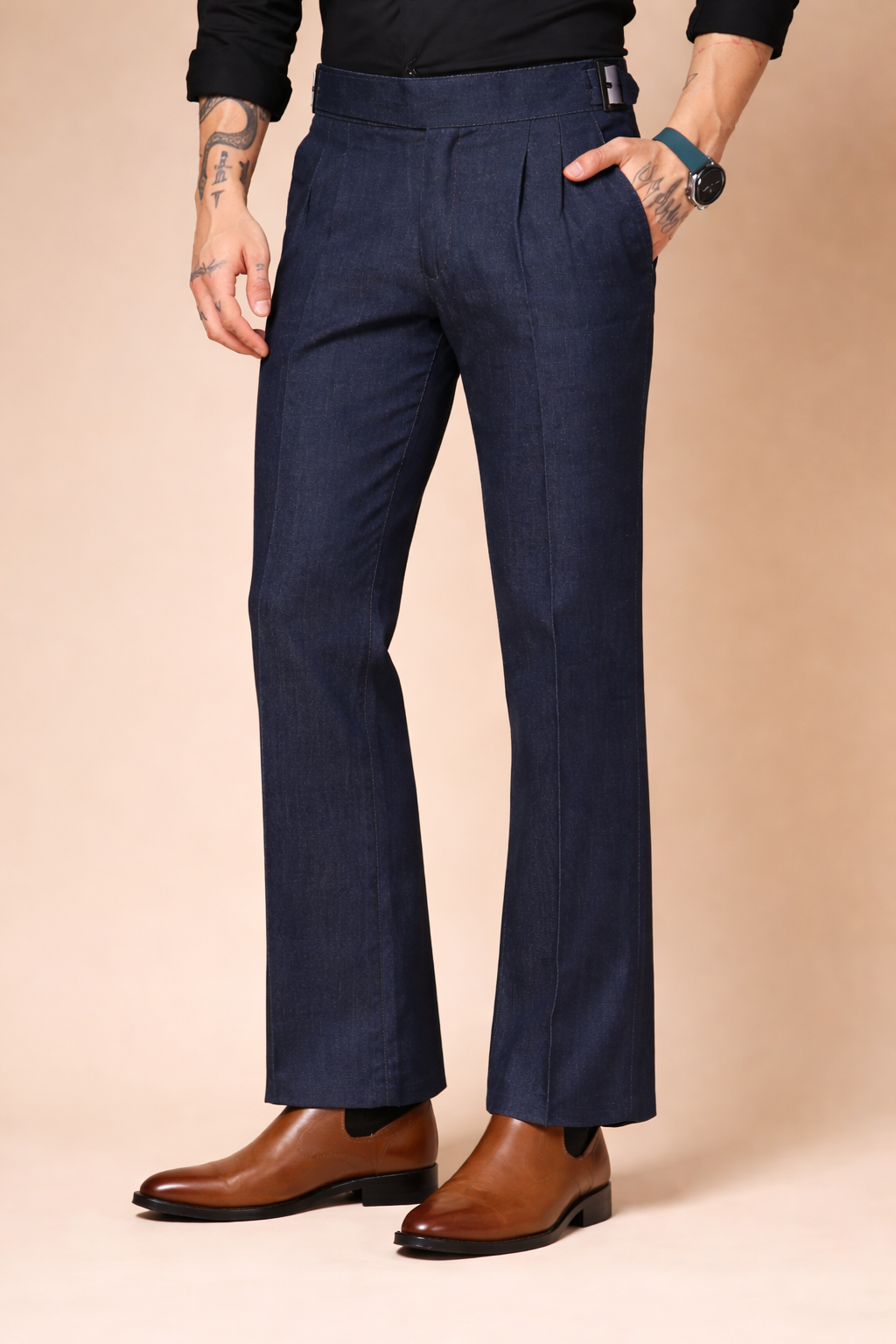 Blue Denim Classic Buckle Gurkha Trouser Pants | Boot Cut Fit by Italian Vega®
