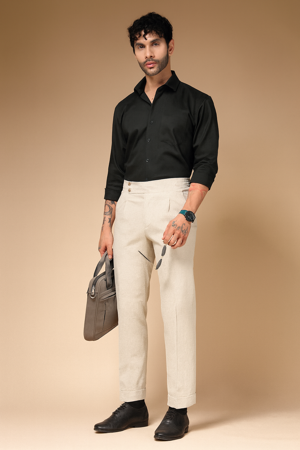 Biege Corduroy Signature Buttoned Gurkha Pants | Boot Cut Fit by ITALIAN VEGA®