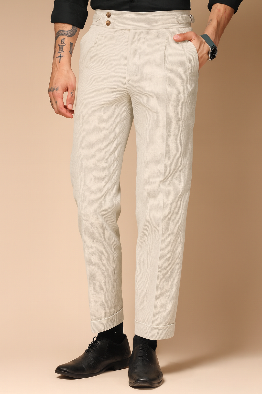 Biege Corduroy Signature Buttoned Gurkha Pants | Boot Cut Fit by ITALIAN VEGA®