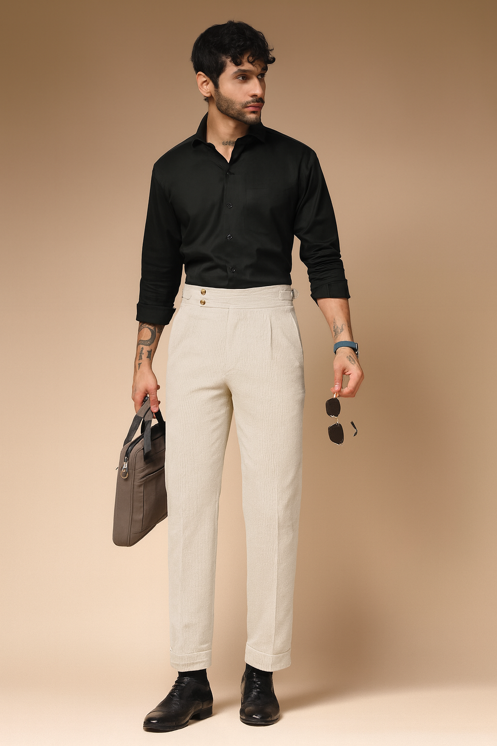 Biege Corduroy Signature Buttoned Gurkha Pants | Boot Cut Fit by ITALIAN VEGA®