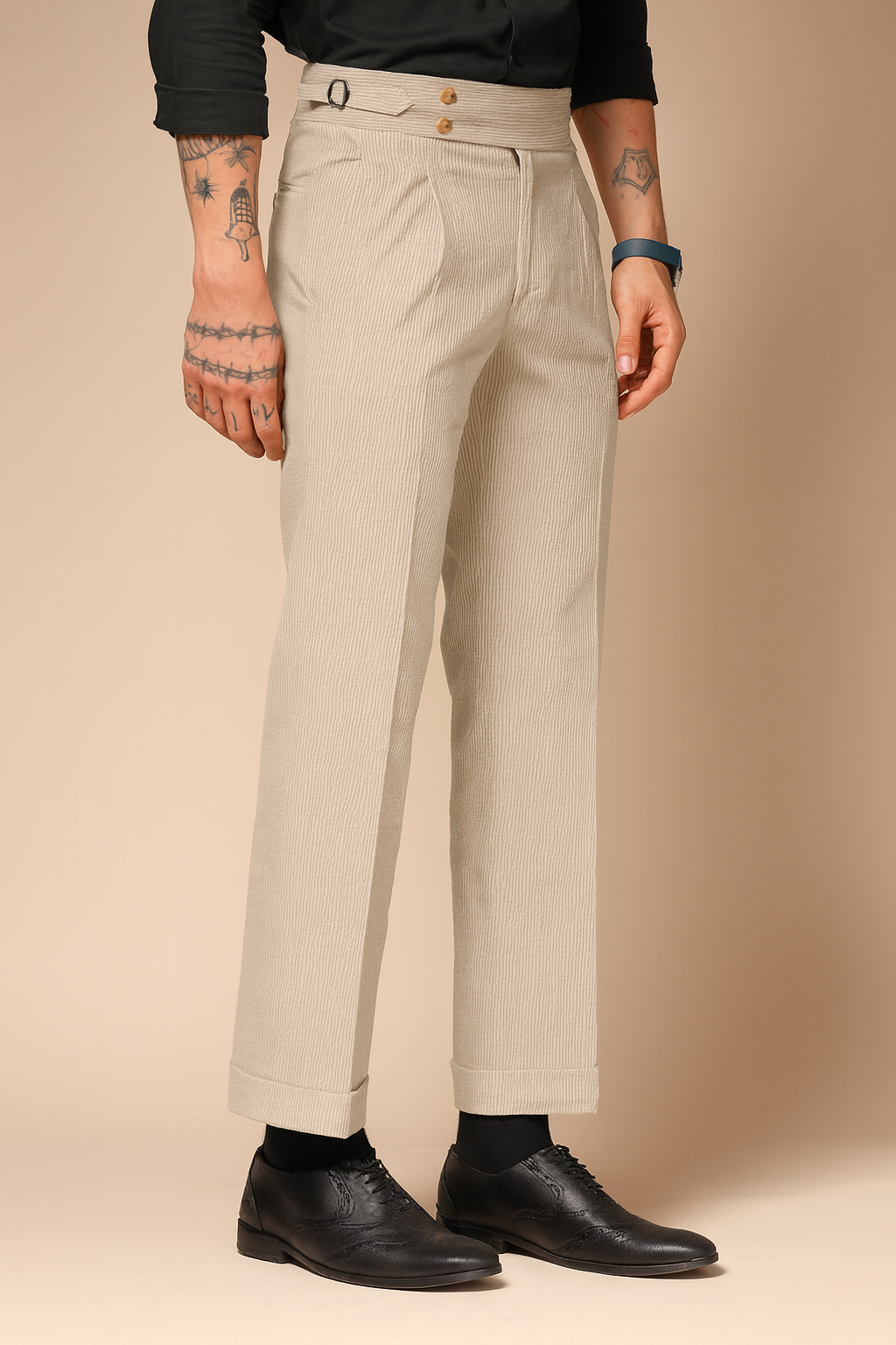 Biege Corduroy Signature Buttoned Gurkha Pants | Boot Cut Fit by ITALIAN VEGA®