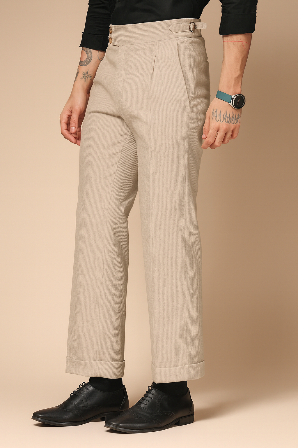 Beige Corduroy Signature Buttoned Gurkha Pants | Boot Cut Fit by ITALIAN VEGA®