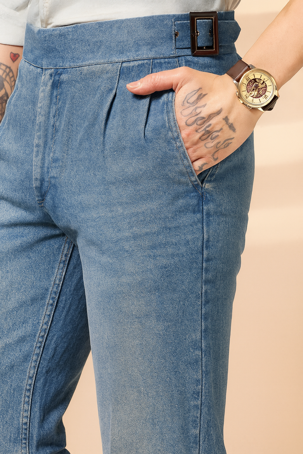 Sky Denim Classic Buckle Gurkha Trouser Pants | Boot Cut Fit by Italian Vega®
