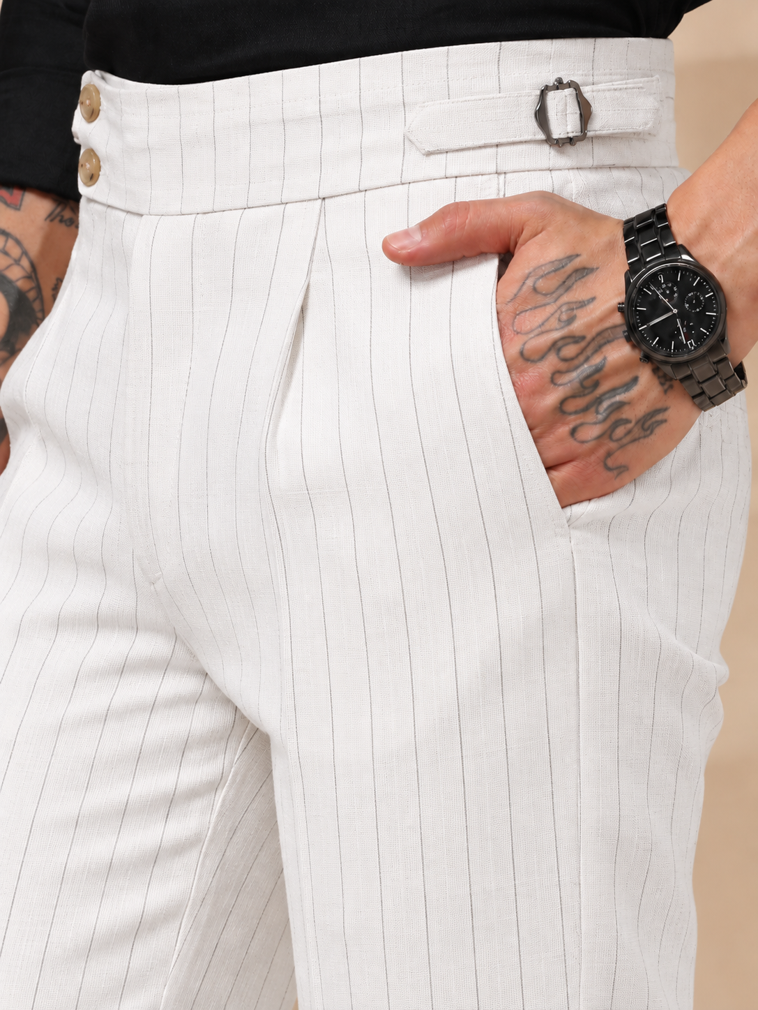 White Striped Buttoned Gurkha Pants | Italian Vega® Limited Edition