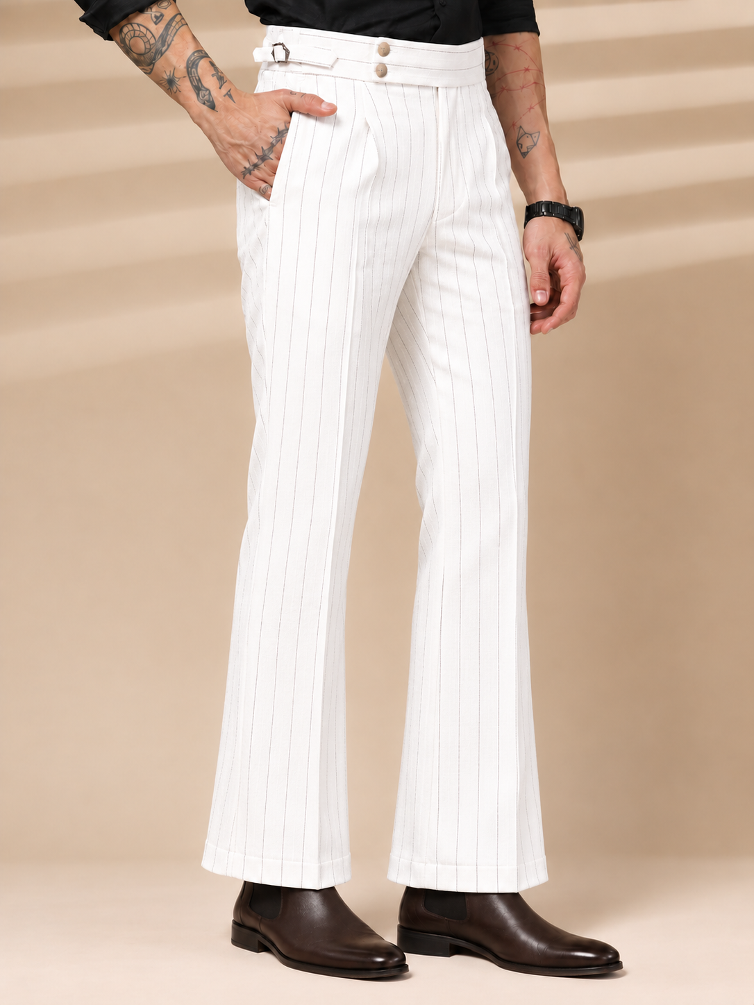 White Striped Buttoned Gurkha Pants | Italian Vega® Limited Edition