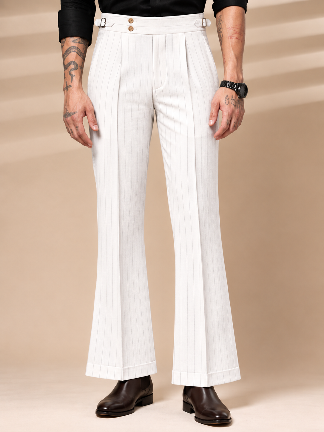 White Striped Buttoned Gurkha Pants | Italian Vega® Limited Edition