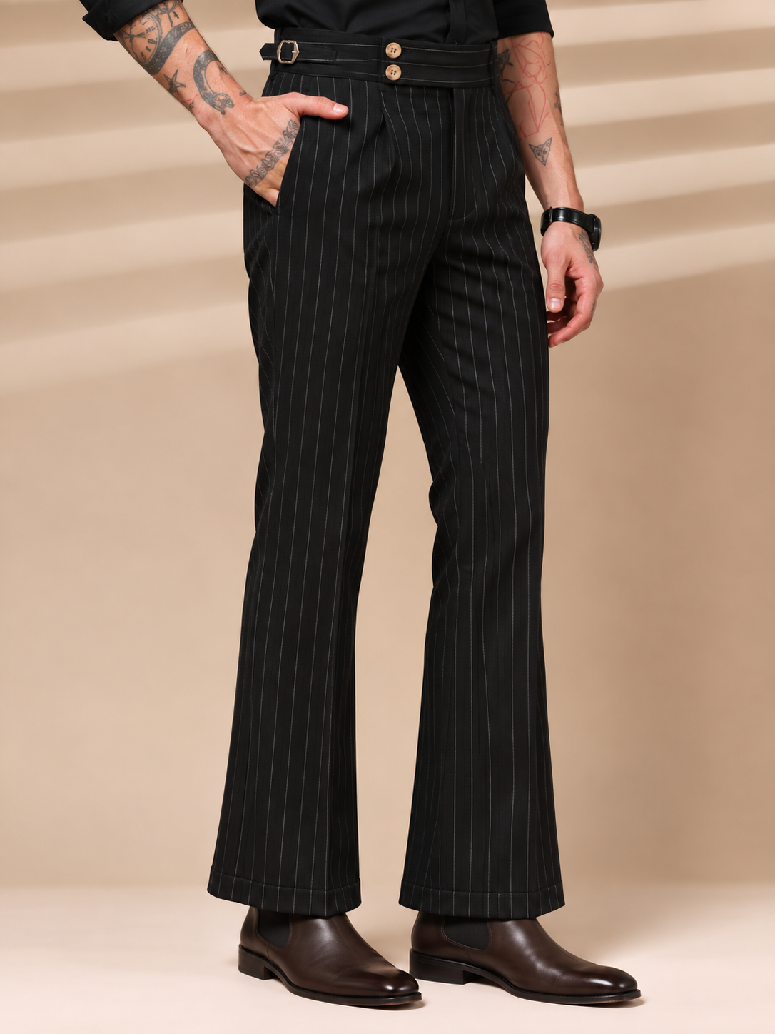 Black Striped Buttoned Gurkha Pants | Italian Vega® Limited Edition