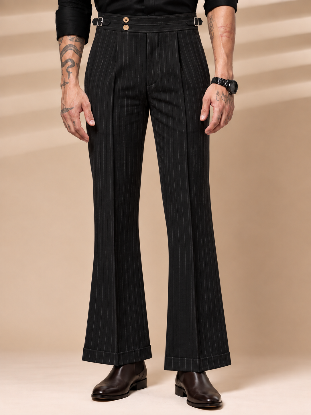 Black Striped Buttoned Gurkha Pants | Italian Vega® Limited Edition