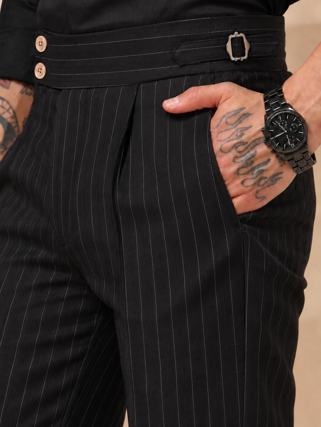Black Striped Buttoned Gurkha Pants | Italian Vega® Limited Edition