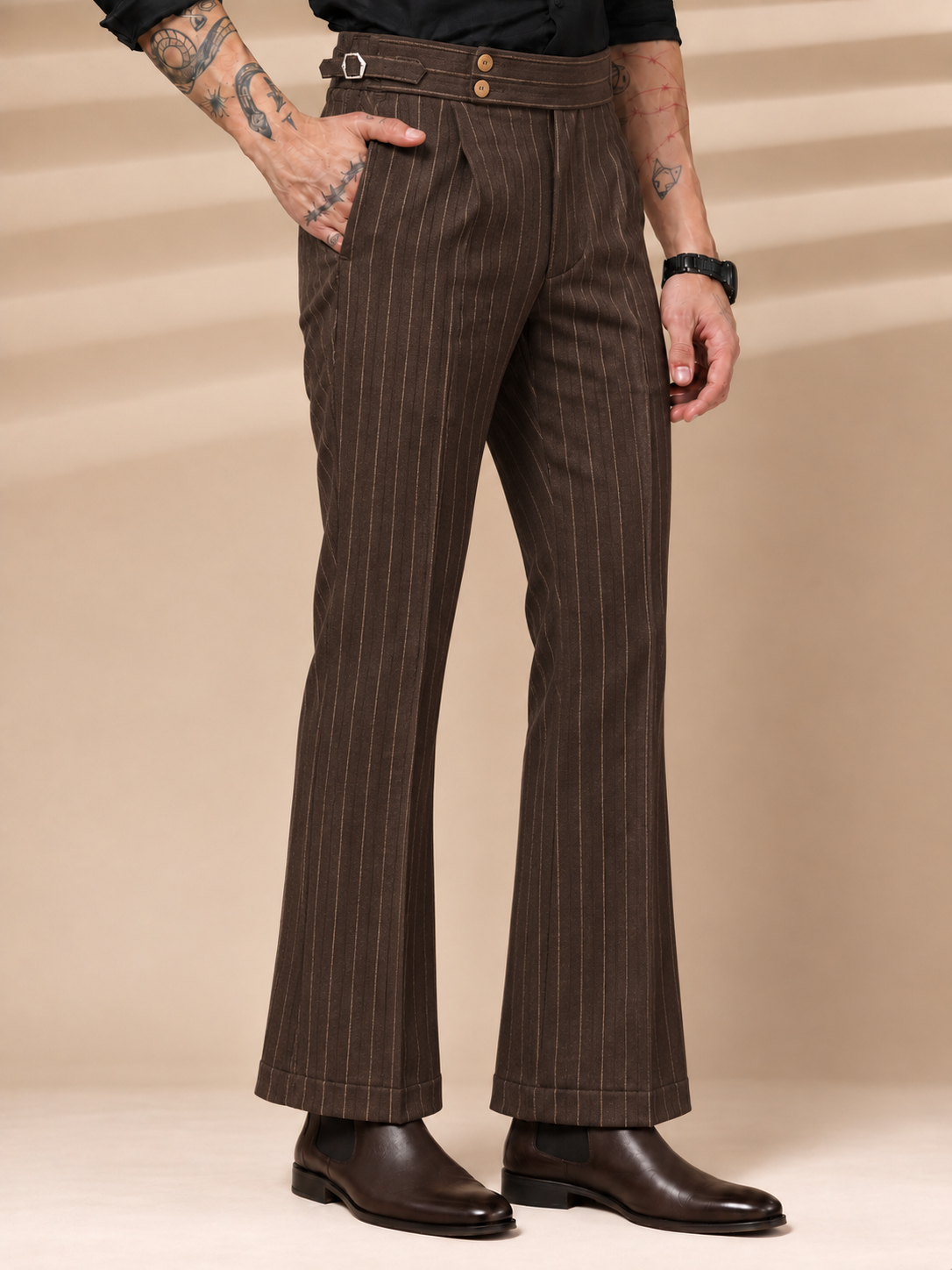 Brown Striped Buttoned Gurkha Pants | Italian Vega® Limited Edition