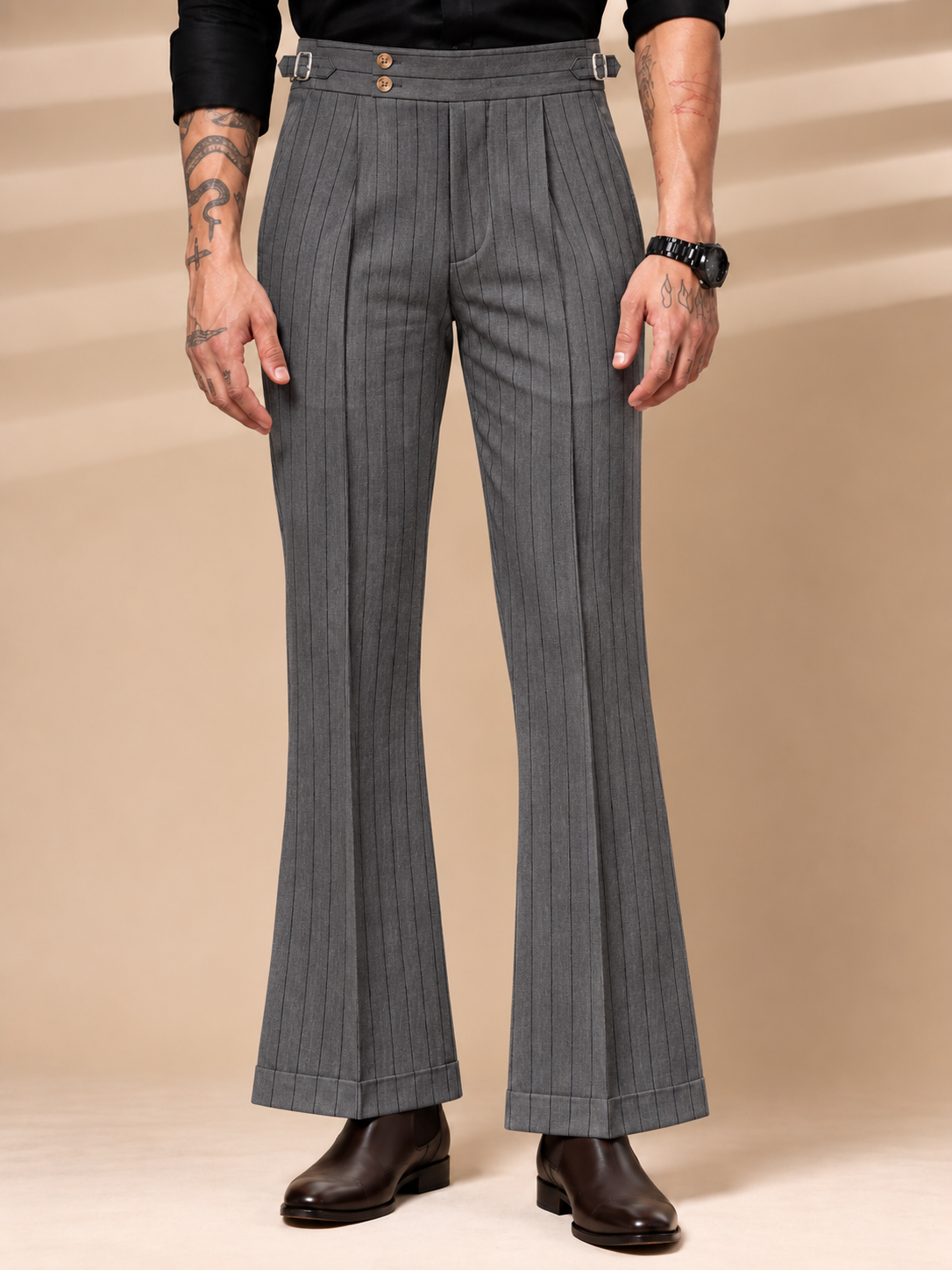 Grey Striped Buttoned Gurkha Pants | Italian Vega® Limited Edition