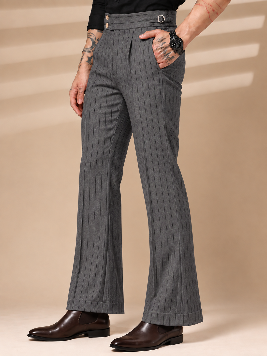 Grey Striped Buttoned Gurkha Pants | Italian Vega® Limited Edition