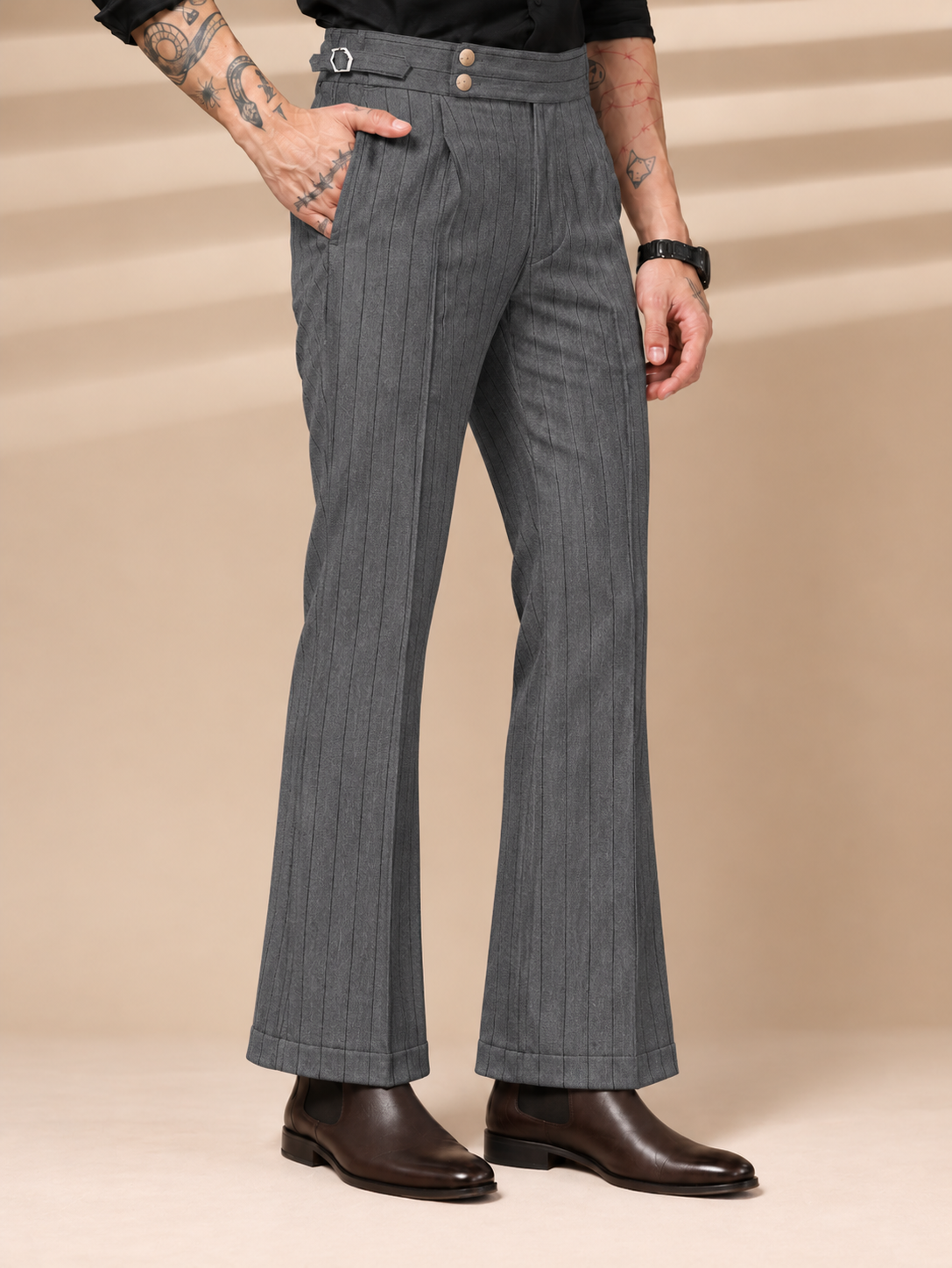 Grey Striped Buttoned Gurkha Pants | Italian Vega® Limited Edition