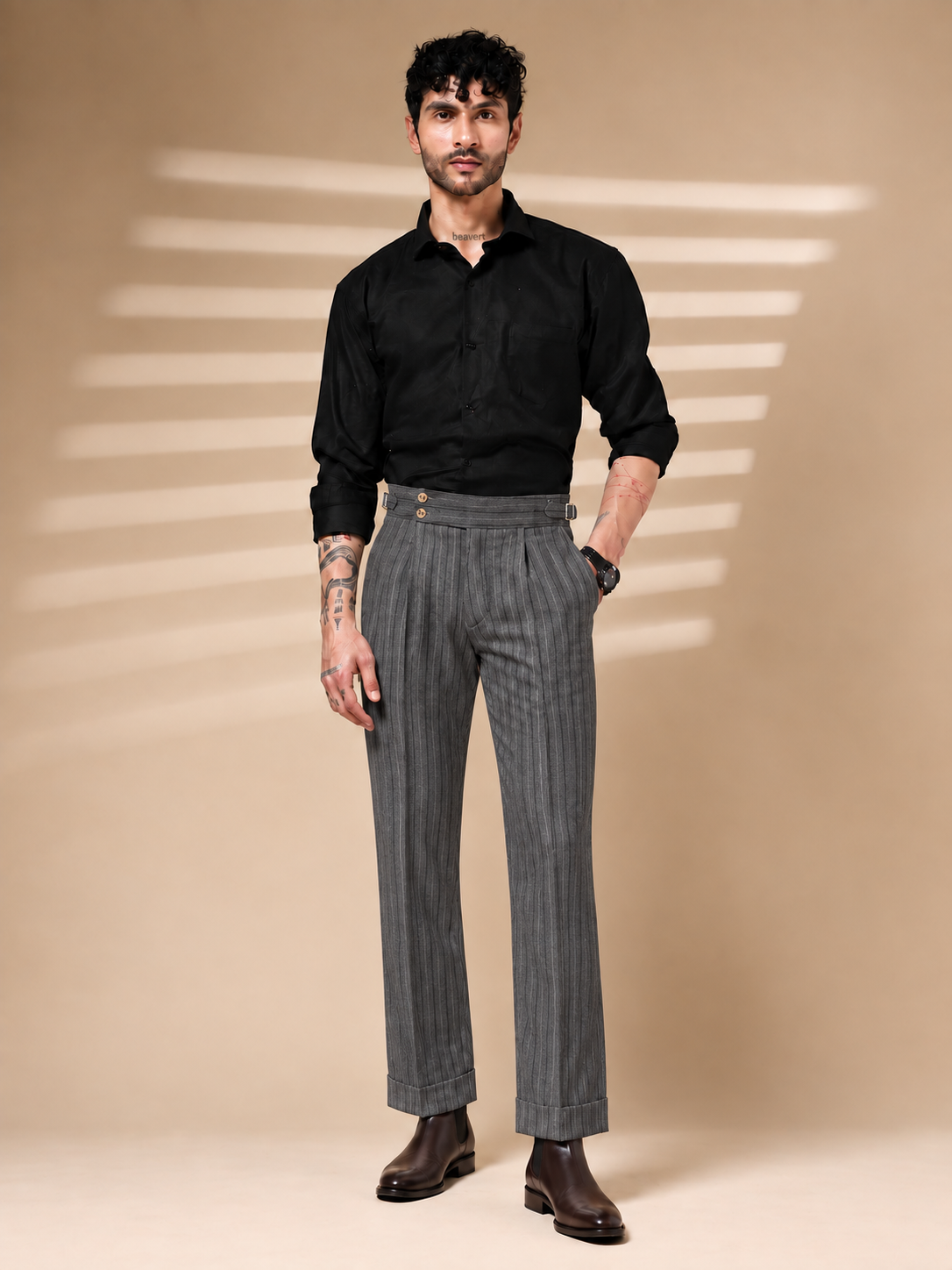 Grey Striped Buttoned Gurkha Pants | Italian Vega® Limited Edition