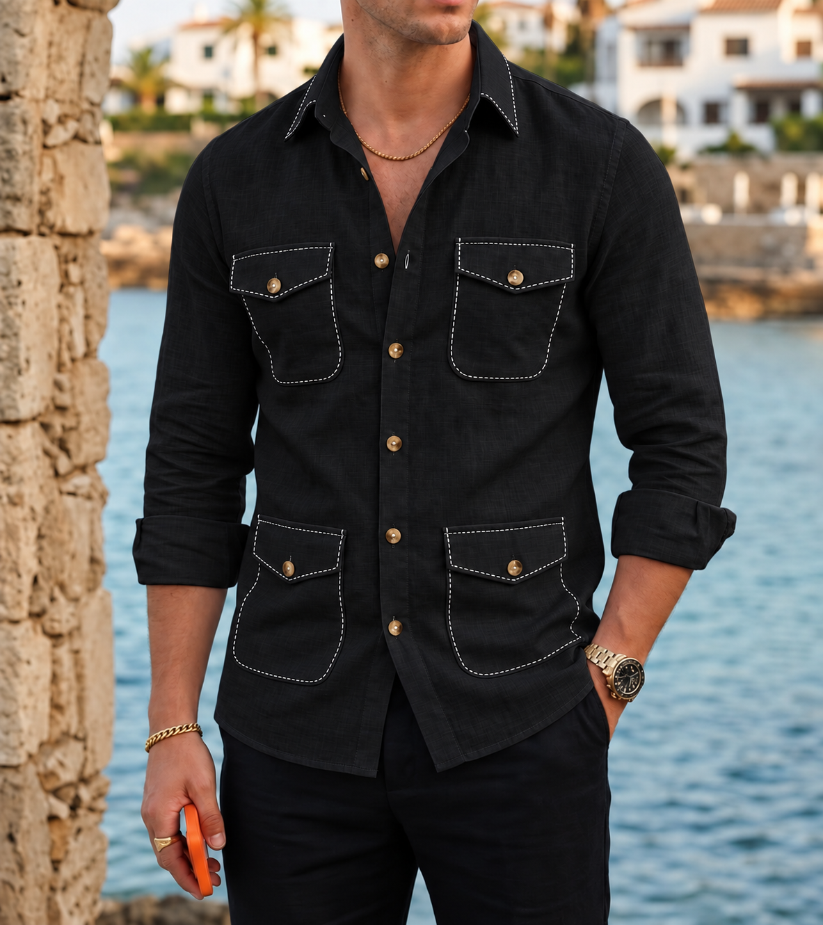 Black Safari Shirt – Pick Stitched with Multi Pockets by Italian Vega® - 027