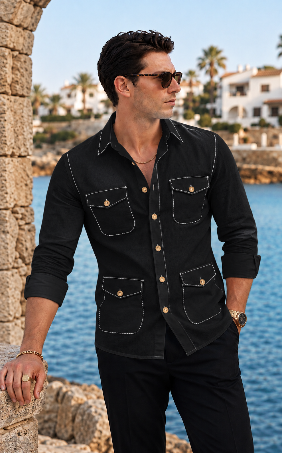 Black Safari Shirt – Pick Stitched with Multi Pockets by Italian Vega® - 027