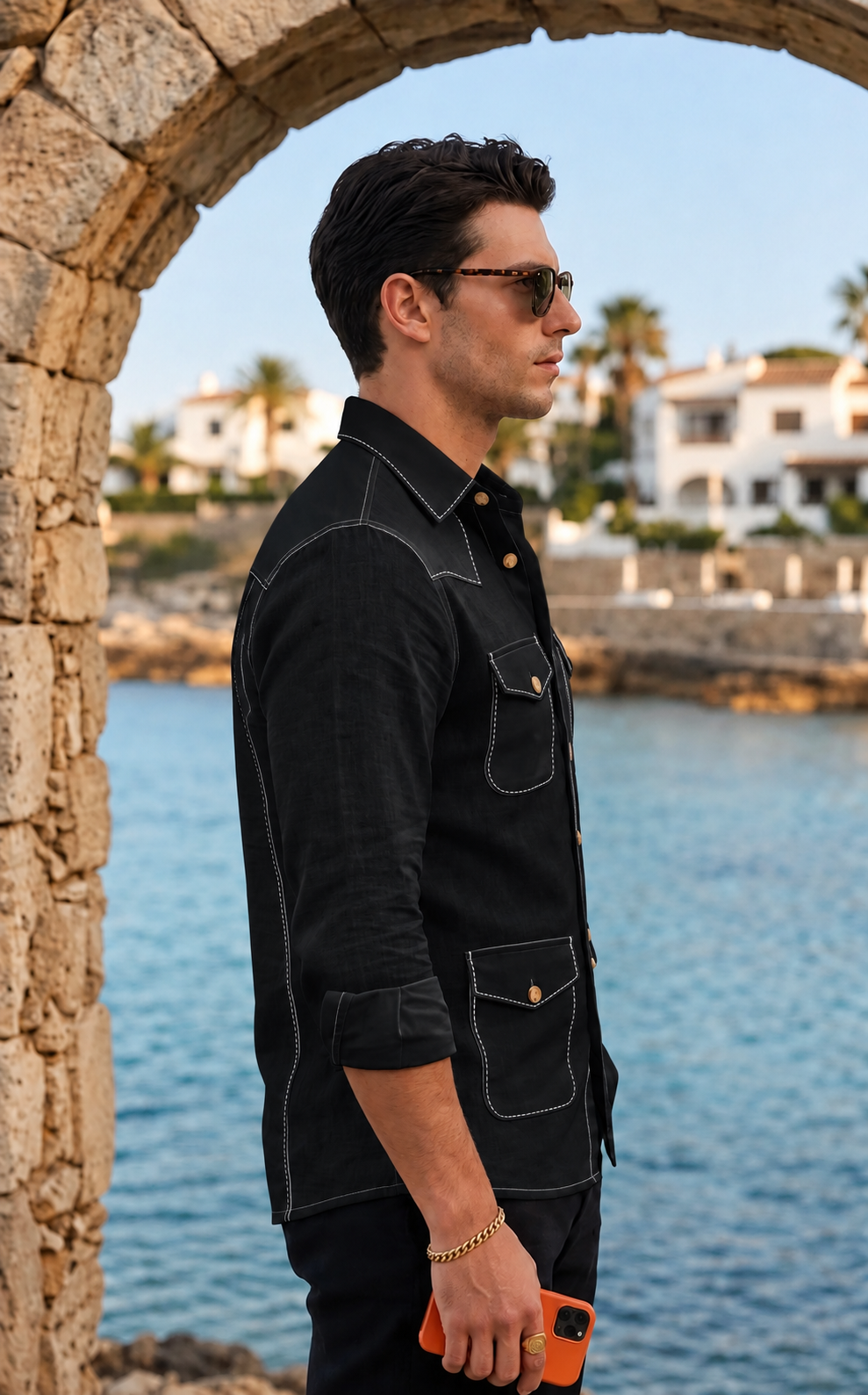 Black Safari Shirt – Pick Stitched with Multi Pockets by Italian Vega® - 027