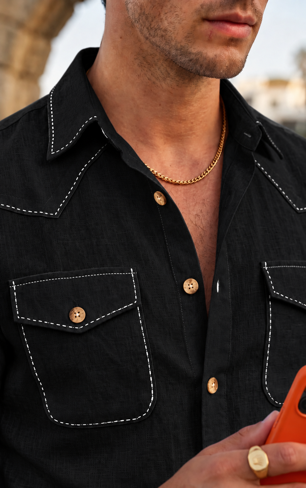 Black Safari Shirt – Pick Stitched with Multi Pockets by Italian Vega® - 027