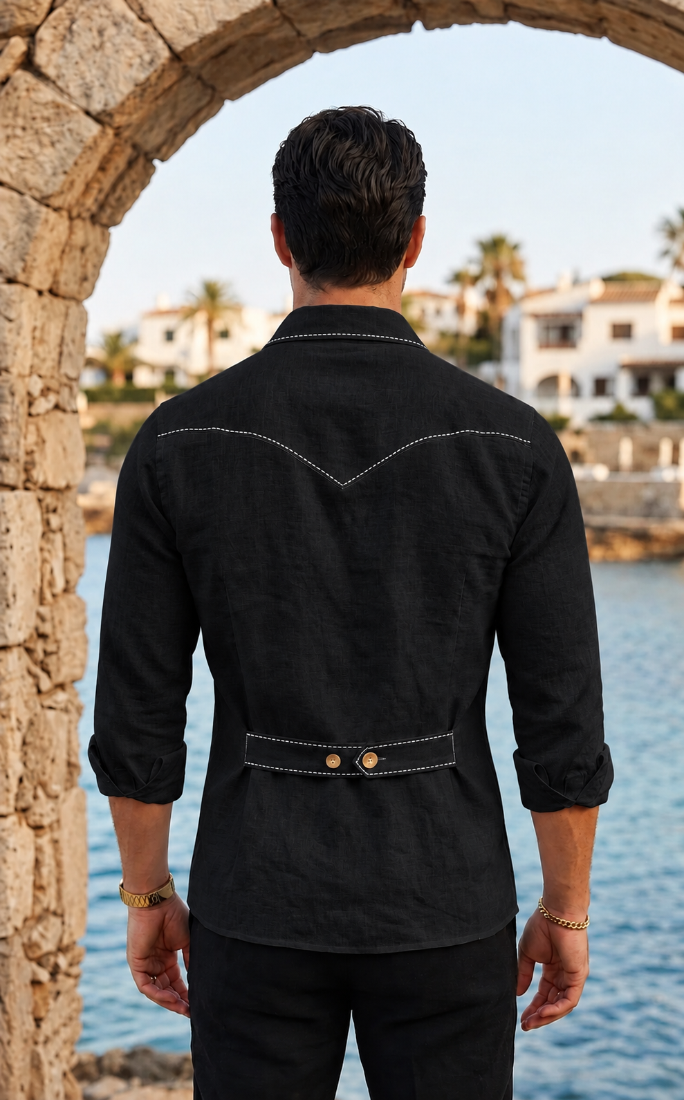 Black Safari Shirt – Pick Stitched with Multi Pockets by Italian Vega® - 027