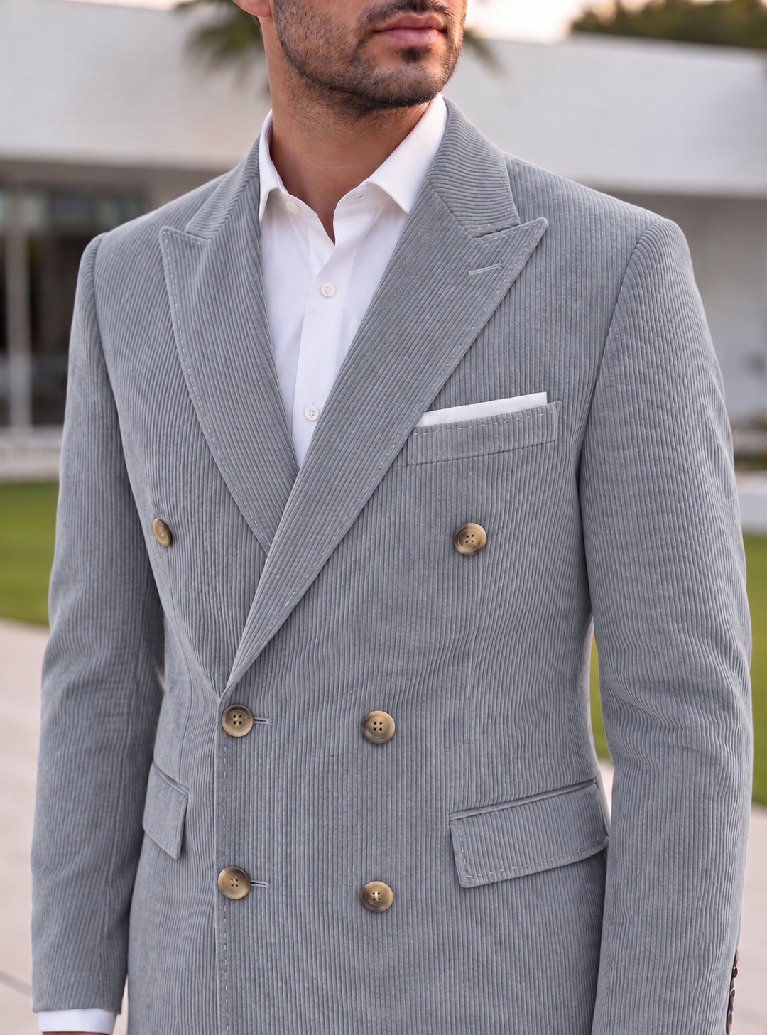 Light Grey Corduroy Double Breasted Blazer by Italian Vega®