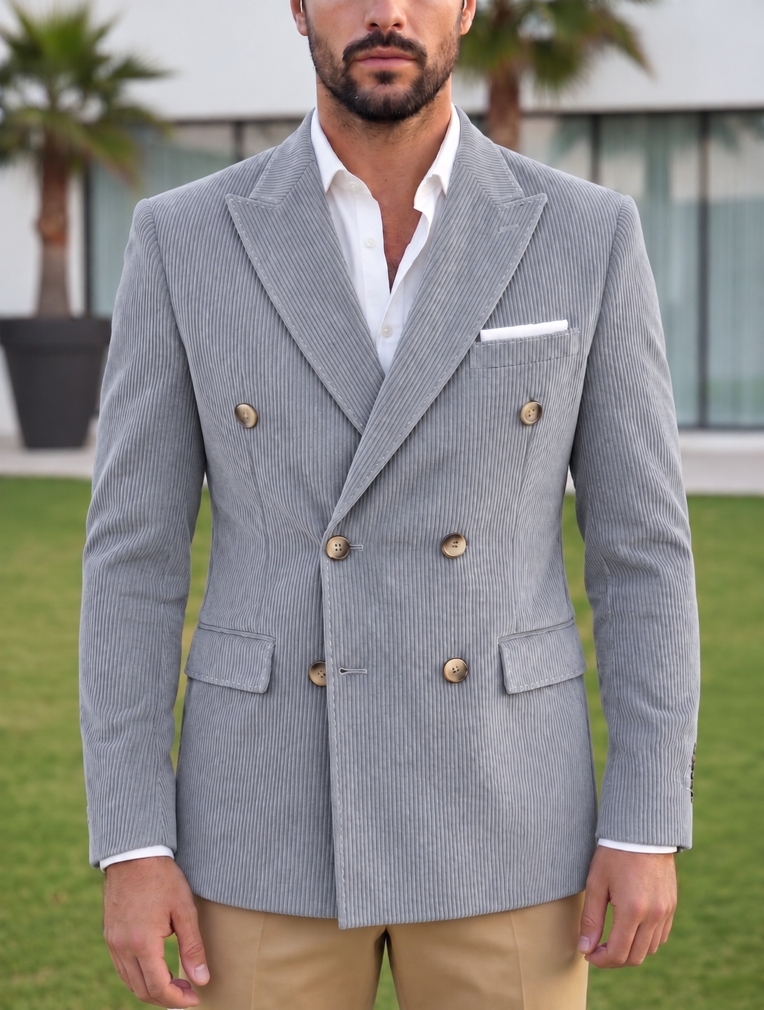 Light Grey Corduroy Double Breasted Blazer by Italian Vega®