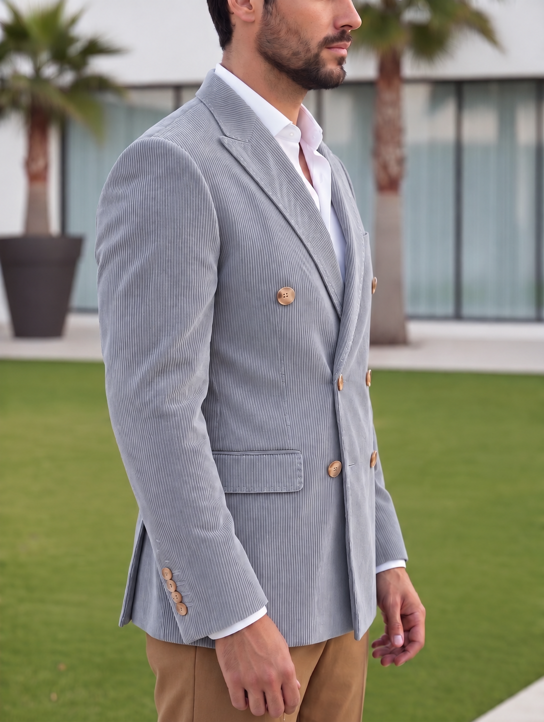 Light Grey Corduroy Double Breasted Blazer by Italian Vega®
