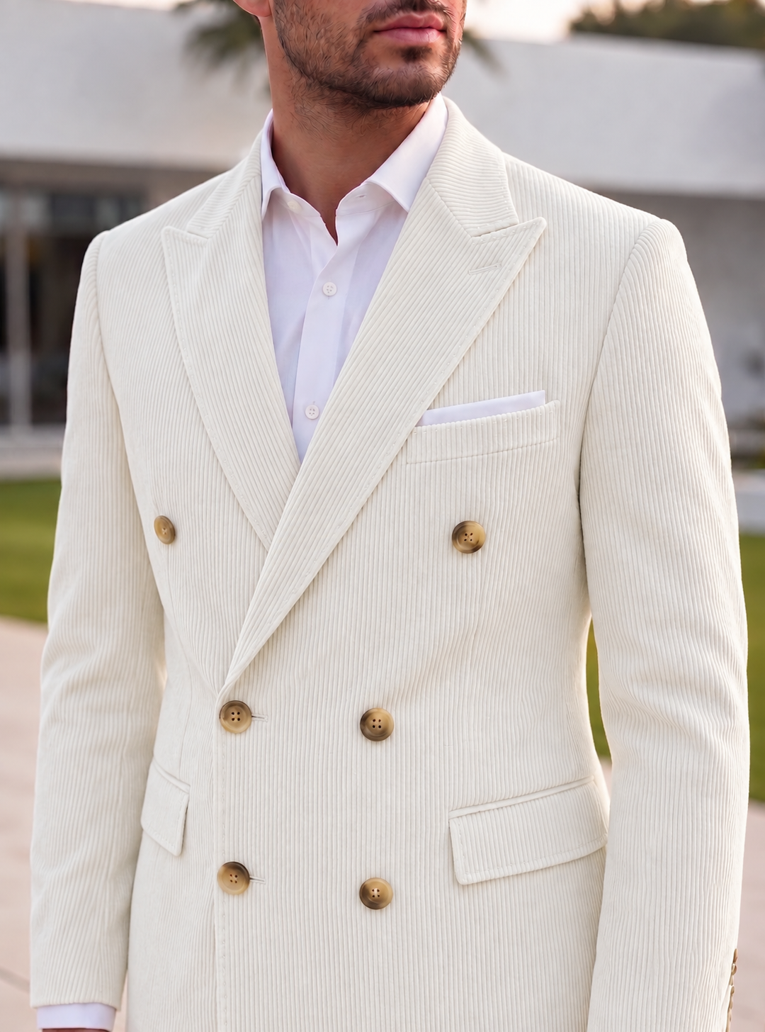 White Corduroy Double Breasted Blazer by Italian Vega®