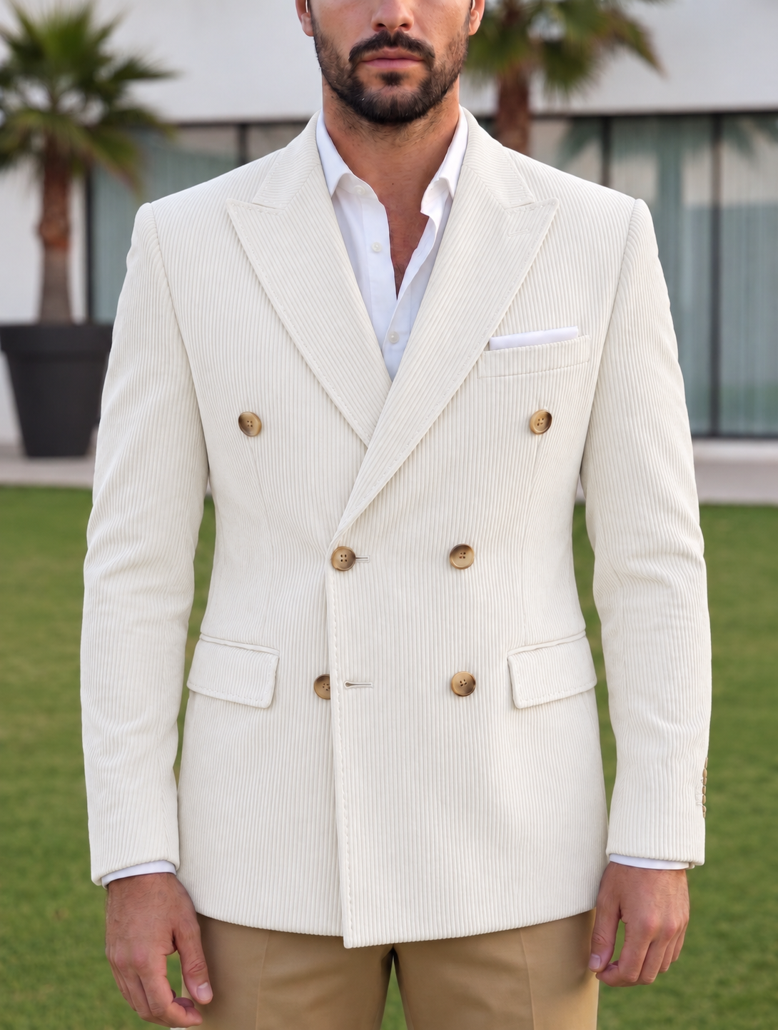 White Corduroy Double Breasted Blazer by Italian Vega®