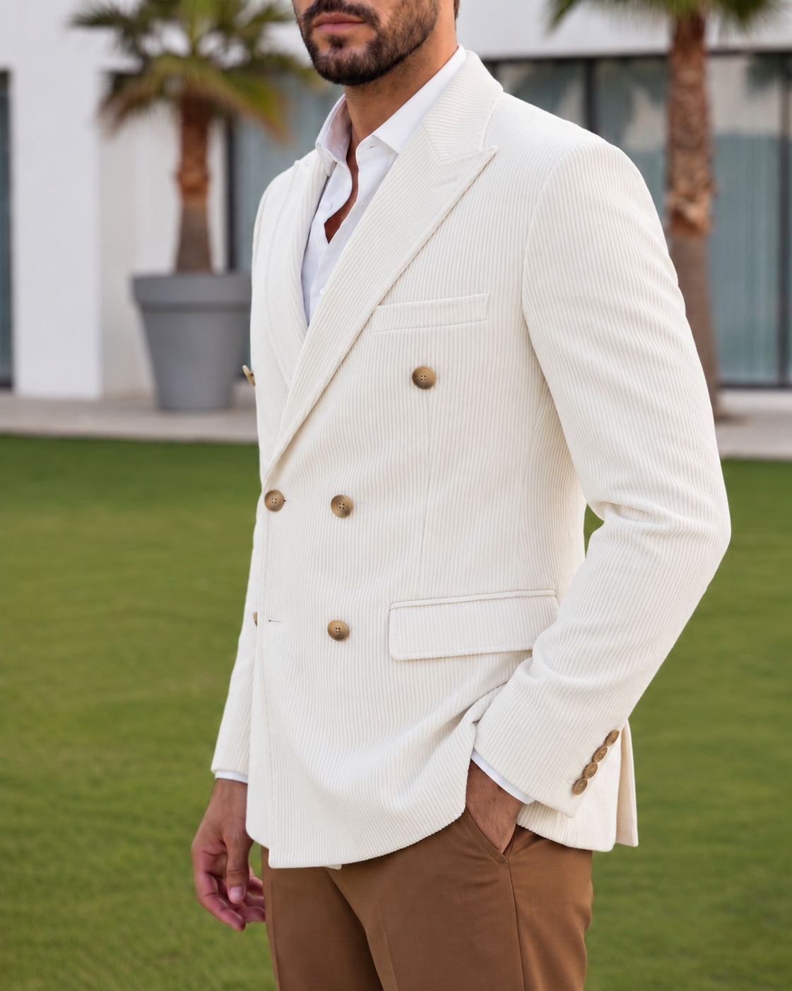 White Corduroy Double Breasted Blazer by Italian Vega®