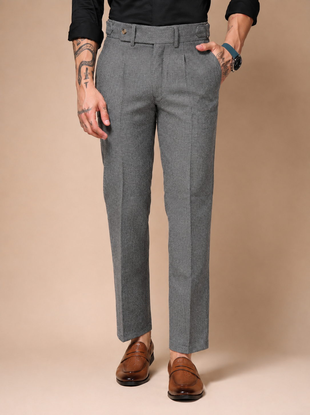 Light Grey Oxford Herringbone Gurkha Pants | Boot Cut Fit by ITALIAN VEGA®