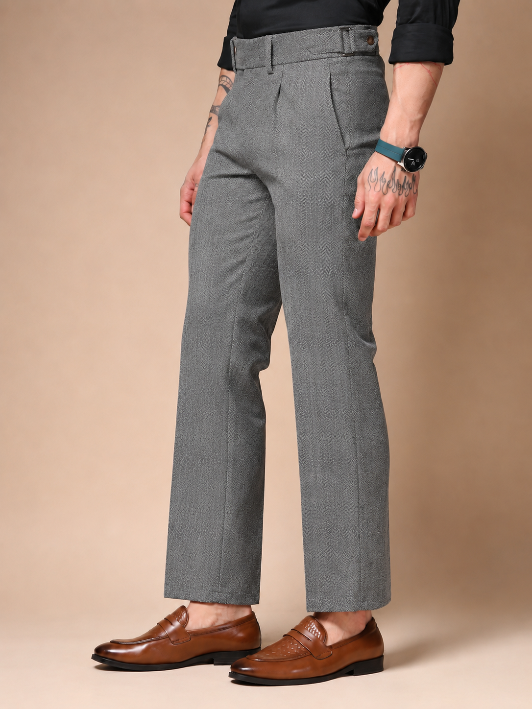 Light Grey Oxford Herringbone Gurkha Pants | Boot Cut Fit by ITALIAN VEGA®