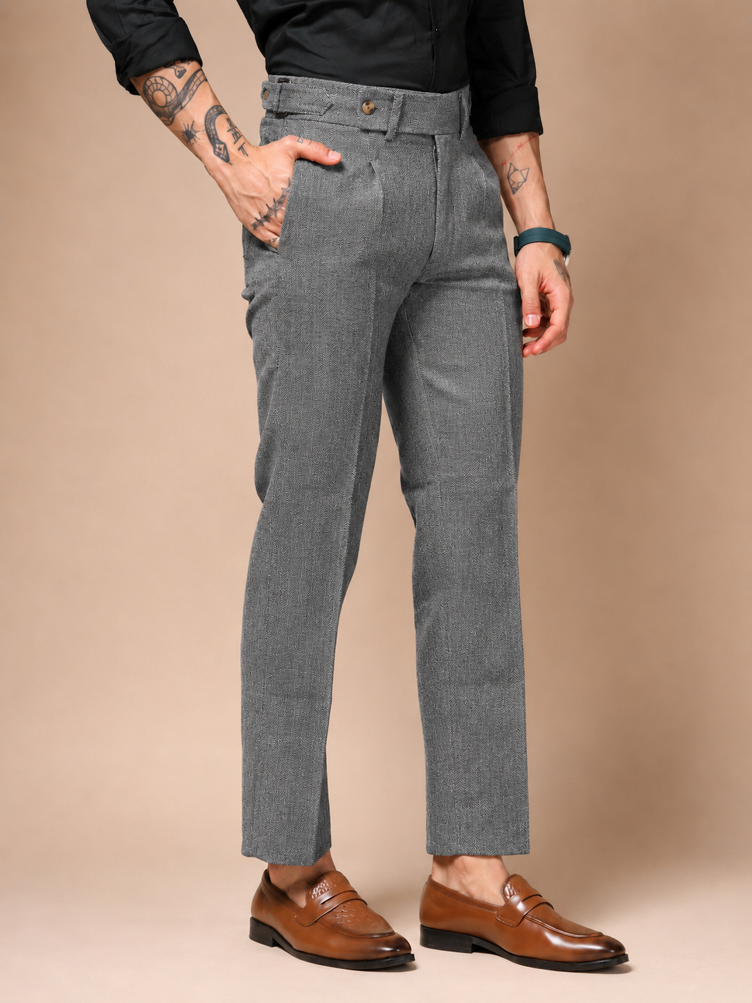 Light Grey Oxford Herringbone Gurkha Pants | Boot Cut Fit by ITALIAN VEGA®