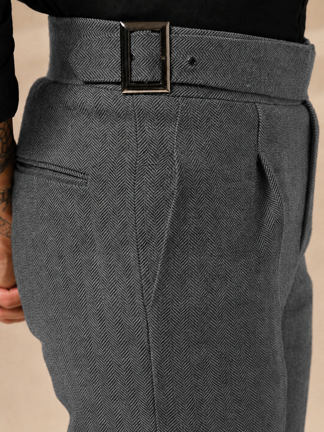 Light Grey Classic Buckle Herringbone Gurkha Pants | Boot Cut Fit by ITALIAN VEGA®
