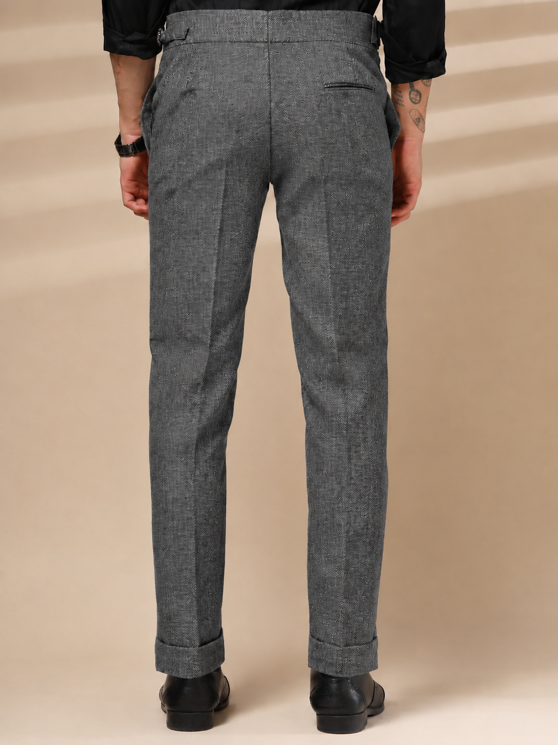 Light Grey Classic Buckle Herringbone Gurkha Pants | Boot Cut Fit by ITALIAN VEGA®