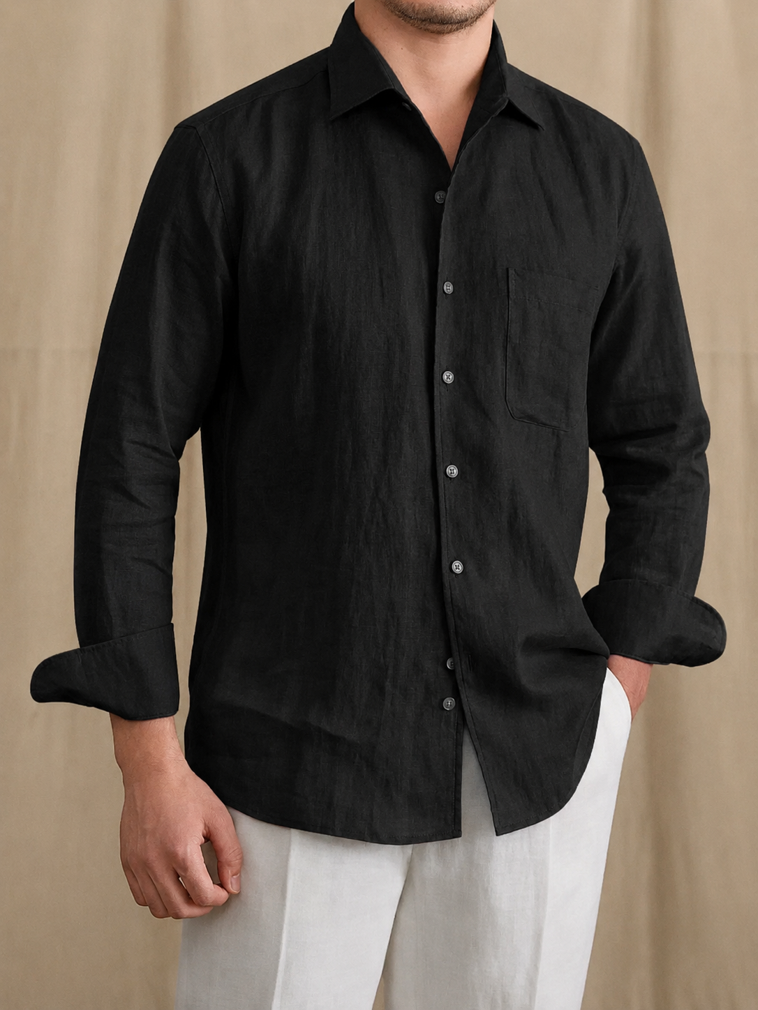 Italian Vega - One Piece Collar Single Pocket Solid Linen Shirt - 001
