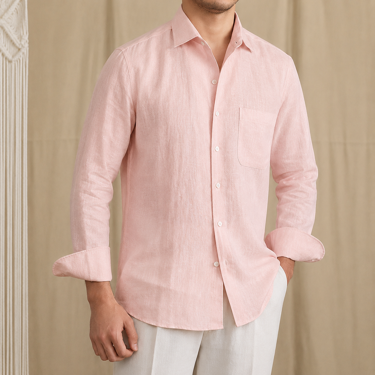 Italian Vega - One Piece Collar Single Pocket Solid Linen Shirt - 001