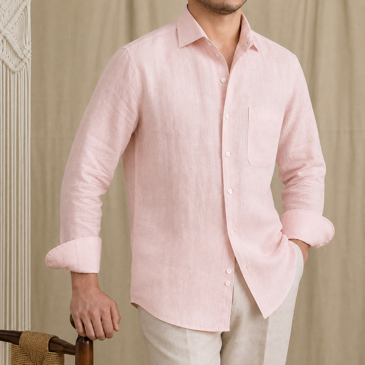 Italian Vega - One Piece Collar Single Pocket Solid Linen Shirt - 001