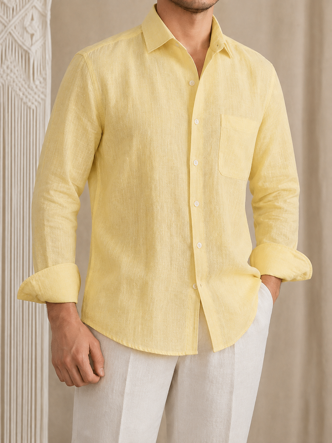 Italian Vega - One Piece Collar Single Pocket Solid Linen Shirt - 001