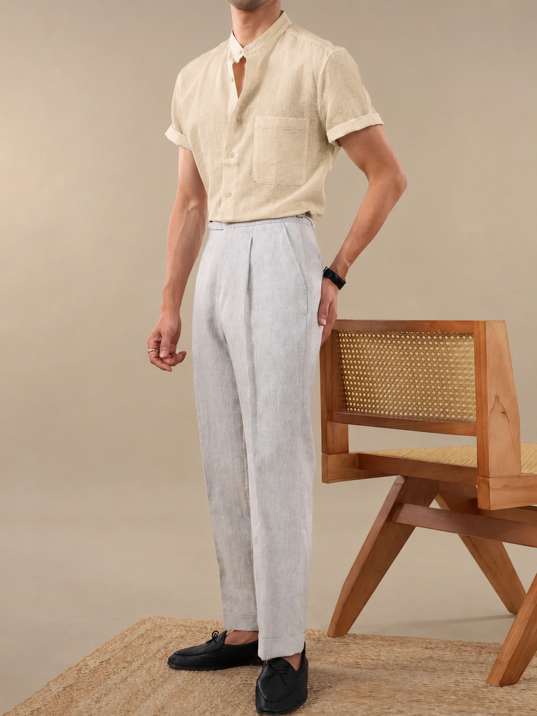 Italian Vega - Mandarin Collar Half Sleeves Linen Shirt - 002