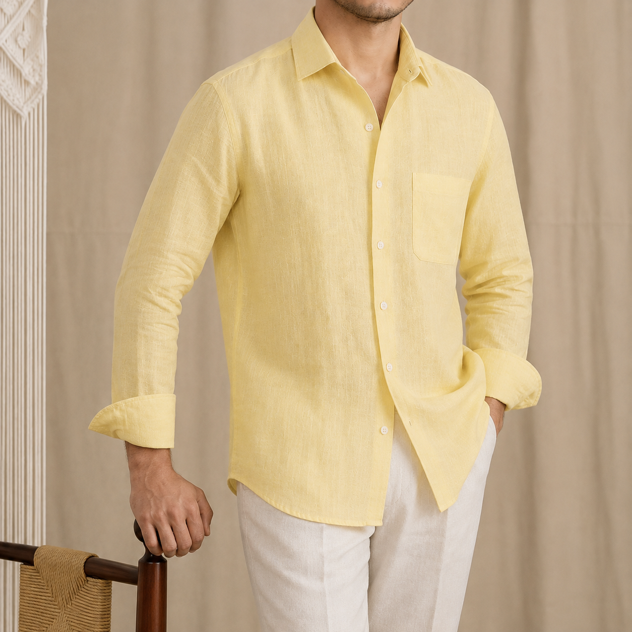 Italian Vega - One Piece Collar Single Pocket Solid Linen Shirt - 001