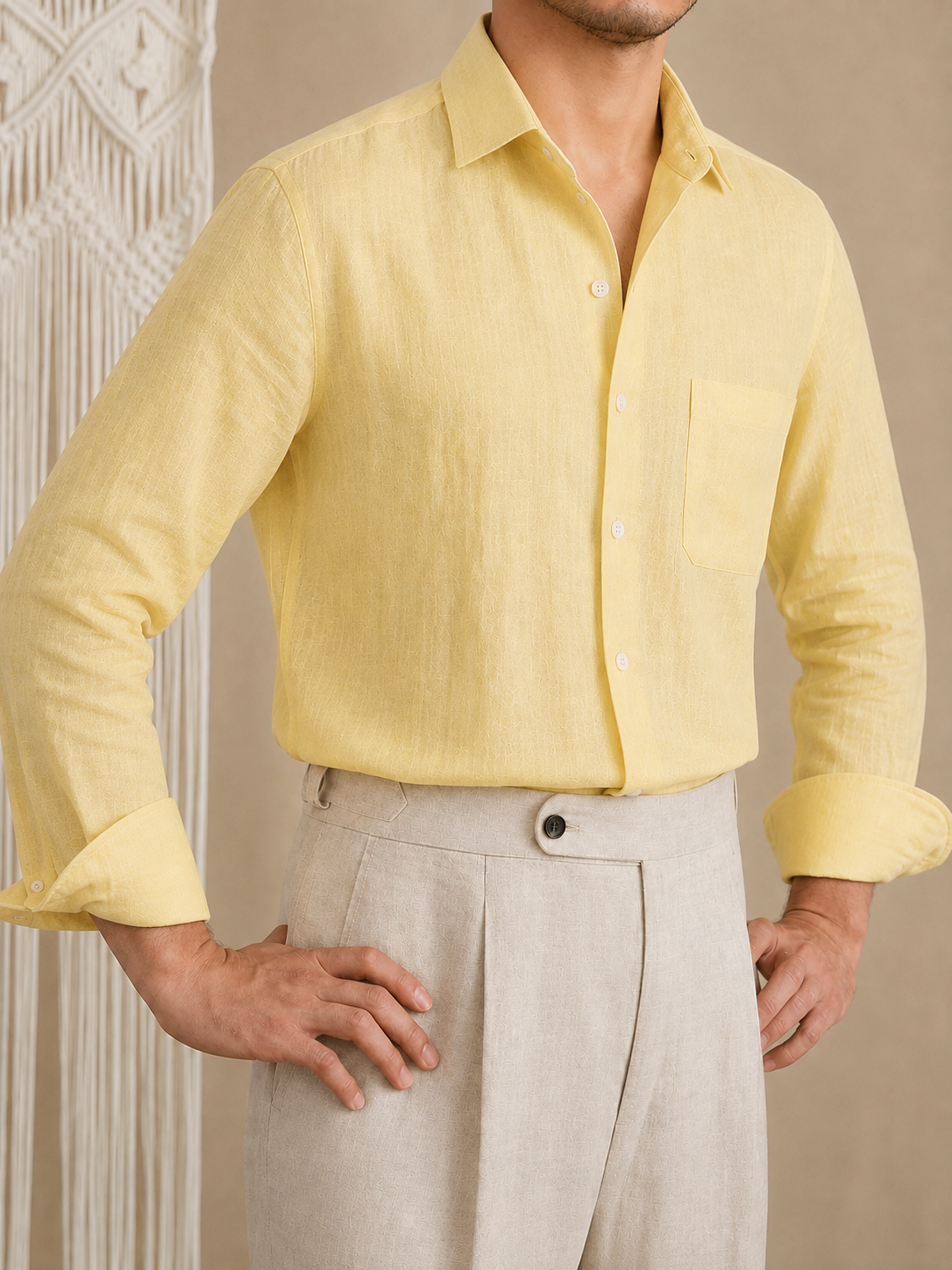 Italian Vega - One Piece Collar Single Pocket Solid Linen Shirt - 001